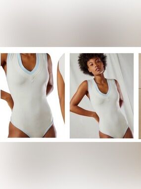 Free People White V-Neck Bodysuit with Light Blue Trim